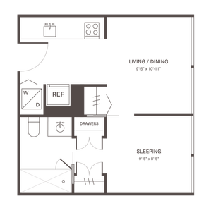 Efficient studio apartment floor plan featuring an open living and dining area, compact kitchen, and designated sleeping space.