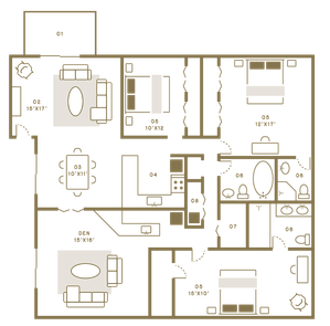 Elegant floor plan featuring three bedrooms, a stylish open-concept living and dining area, a modern kitchen, and a luxurious bathroom layout.
