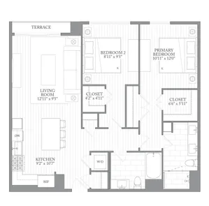 Modern floor plan showcasing a spacious layout with 2 bedrooms, open-concept kitchen and living room, and a private terrace.