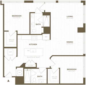 Sophisticated apartment floor plan showcasing 2 bedrooms, open-concept kitchen with dining area, and spacious living room. Features include walk-in closets, modern bathrooms, and convenient laundry space.