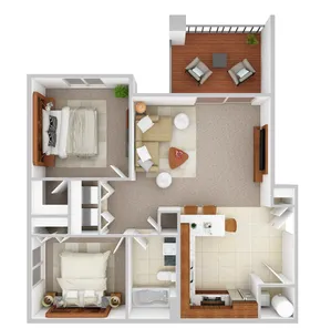 Charming 2-bedroom floor plan featuring an open living area, modern kitchen, and a cozy balcony for relaxation.