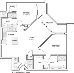 1275 square foot two bedroom two bath and half apartment floorplan image