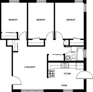 Inviting floor plan showcasing 3 spacious bedrooms, a modern kitchen with dining area, and a cozy living room.