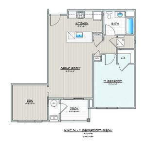 Stylish 2D floor plan of a one-bedroom unit with a den, featuring a modern kitchen and great room.