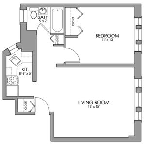 Modern floor plan showcasing an inviting living room, cozy bedroom, efficient kitchen, and a well-appointed bathroom.