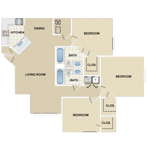 Modern floor plan featuring 3 bedrooms, open living and dining area, spacious kitchen, and 2 bathrooms with closets for ample storage.
