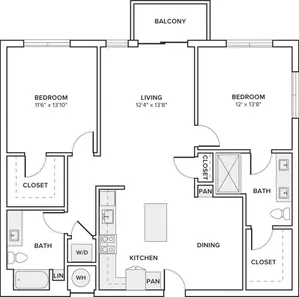 1173 square foot two bedroom two bath apartment floorplan image
