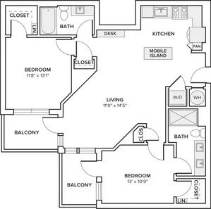 1,090 square foot two bedroom two bath floor plan image