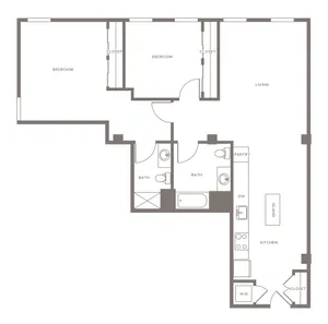 Elegant floor plan showcasing 2 bedrooms, 2 bathrooms, open-concept living area, modern kitchen with island, and storage closets, ideal for stylish living.