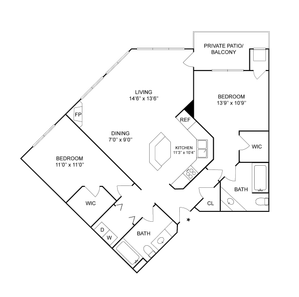 2 BR x 2 BA - D | 2-Bedroom Floorplan