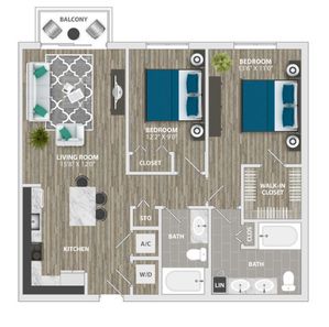 Modern 2D floor plan showcasing a spacious 2-bedroom apartment with an open-concept living area, stylish kitchen, and private balcony.