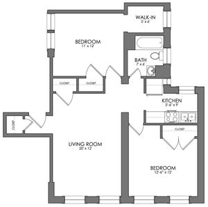 Charming floor plan showcasing 2 bedrooms, a spacious living room, efficient kitchen layout, and convenient walk-in closet.
