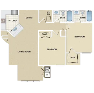 Modern floor plan showcasing 2 bedrooms, spacious living and dining area, dual bathrooms, and a sleek kitchen. Ideal for comfortable living.