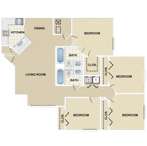Inviting floor plan featuring three generous bedrooms, open living and dining area, modern kitchen, and two stylish bathrooms.