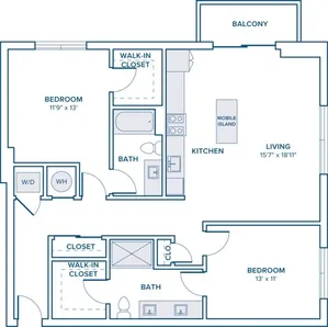 1188 square foot two bedroom two bath apartment floor plan in St. Petersburg, FL