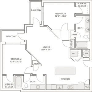 1122 to 1129 square foot two bedroom two bath apartment floorplan image