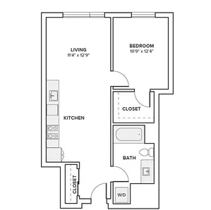 Modern apartment floor plan with one bedroom, open kitchen, spacious living area, and full bath.