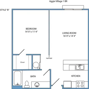 Style B - Studio, 1-bath w/ Half Wall