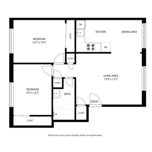 Charming apartment floor plan with two bedrooms, a spacious living area, well-appointed kitchen, and cozy dining space.