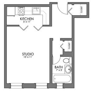 Chic studio apartment floor plan featuring a compact kitchen, elegant bath, and efficient storage closets.