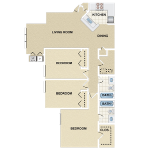 Inviting floor plan with three spacious bedrooms, two modern baths, open kitchen with dining, and airy living room.