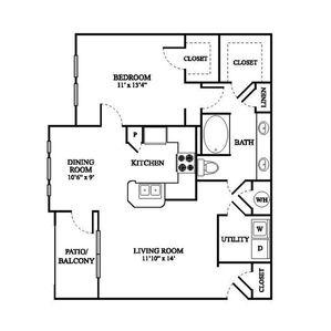 B Floor Plan | 1 Bedroom with 1 Bath | 840 Square Feet | The Raveneaux | Apartment Homes