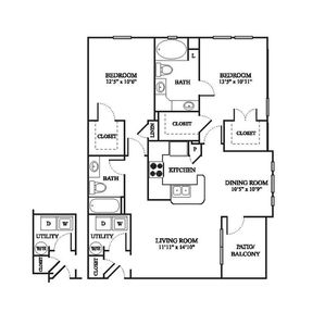 D Renovated Floor Plan | 2 Bedroom with 2 Bath | 1138 Square Feet | The Raveneaux | Apartment Homes