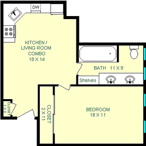 Tenth Street One Bedroom Floorplan shows roughly 600 square feet with a kitchen living room combination, bathroom and bedroom. Closets are also shown.