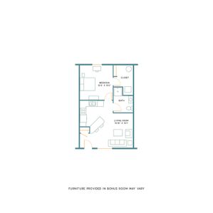 Chic apartment floor plan showcasing a spacious living room, cozy bedroom, modern kitchen, and convenient bathroom layout.