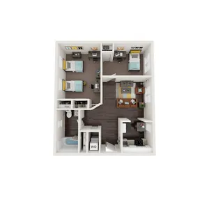 Stylish 3D floor plan showcasing 2 bedrooms, expansive living area, and modern kitchen.