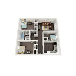 3D apartment floor plan featuring 3 bedrooms, open living space, and contemporary kitchen.