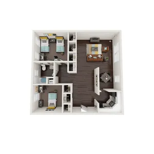 Elegant 3D floor plan displaying two bedrooms, a sophisticated living area, and a modern kitchen.