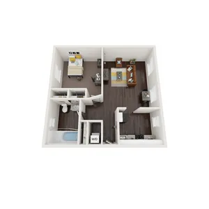 3D floor plan showcasing a 1-bedroom apartment with open living room and modern kitchen.