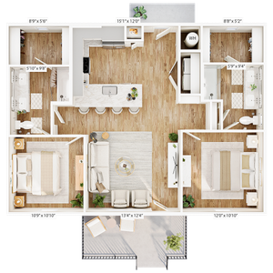 Chic 2D floor plan with two bedrooms, open-concept kitchen and living area, and two bathrooms.