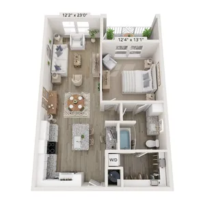 Contemporary 3D floor plan featuring a spacious living room, one bedroom, modern kitchen, and bathroom.