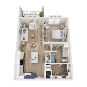 Stylish 3D floor plan of a 1-bedroom apartment with an open living area and modern kitchen.
