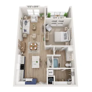 3D floor plan showcasing a modern open-concept living area, one bedroom, one bathroom, and a spacious kitchen.