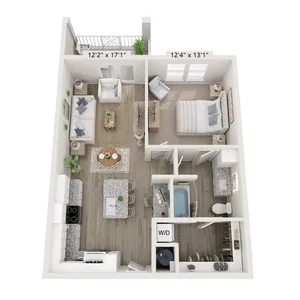 3D floor plan of a charming one-bedroom apartment with open living area and kitchen.