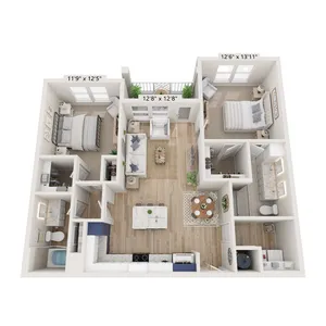 Elegant 3D floor plan illustrating 2 bedrooms, a comfortable living area, and a sleek kitchen.