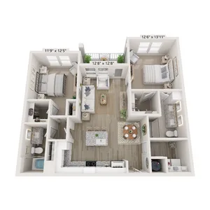 Elegant 2D floor plan layout featuring two bedrooms, open living-dining area, and modern kitchen.