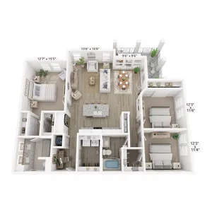 3D floor plan showcasing a spacious 3-bedroom apartment with open-concept living and dining areas.