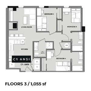 Modern C1 ANSI floor plan featuring 3 bedrooms, a spacious living room, and a functional kitchen, covering 1,055 sq ft on Floor 3.