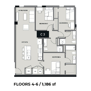 Modern floor plan for floors 4-6, featuring 3 bedrooms, spacious living room, and an elegant kitchen, 1,186 sq ft.