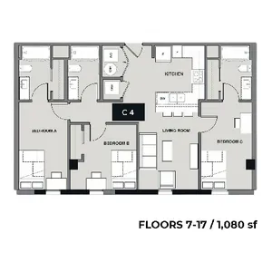 Chic and functional floor plan for floors 7-17, featuring 3 bedrooms, a modern kitchen, and a spacious living room, totaling 1,080 sq ft.