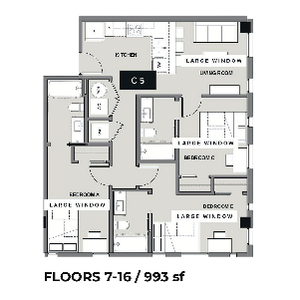Contemporary floor plan featuring a spacious living room, three bedrooms, modern kitchen, and large windows, covering 993 sq ft across floors 7-16.