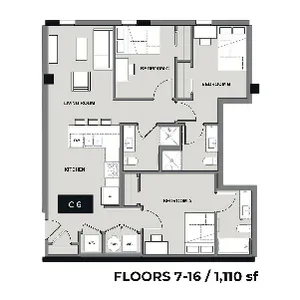 Modern 3-bedroom apartment floor plan with a spacious kitchen, elegant living room, and convenient layout on floors 7-16, 1,110 sq ft.