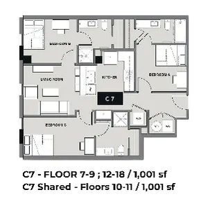 Modern floor plan for C7 layout featuring three bedrooms, a spacious living room, and functional kitchen. Located on floors 7-9 and 12-18; shared on floors 10-11, offering 1,001 sq ft of elegant living space.