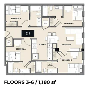 Modern floor plan for apartments on floors 3-6, featuring 4 bedrooms, 2 bathrooms, spacious living room, and open kitchen layout, spanning 1,180 sq ft.