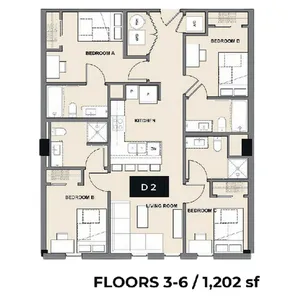 Modern floor plan for floors 3-6 showcasing 4 bedrooms, a central open kitchen, and a spacious living room, totaling 1,202 sq ft.