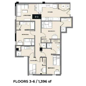 Expansive floor plan showcasing a modern design with 4 bedrooms, an airy living room, and a sleek kitchen across 1,396 sq ft, suitable for floors 3 to 6.